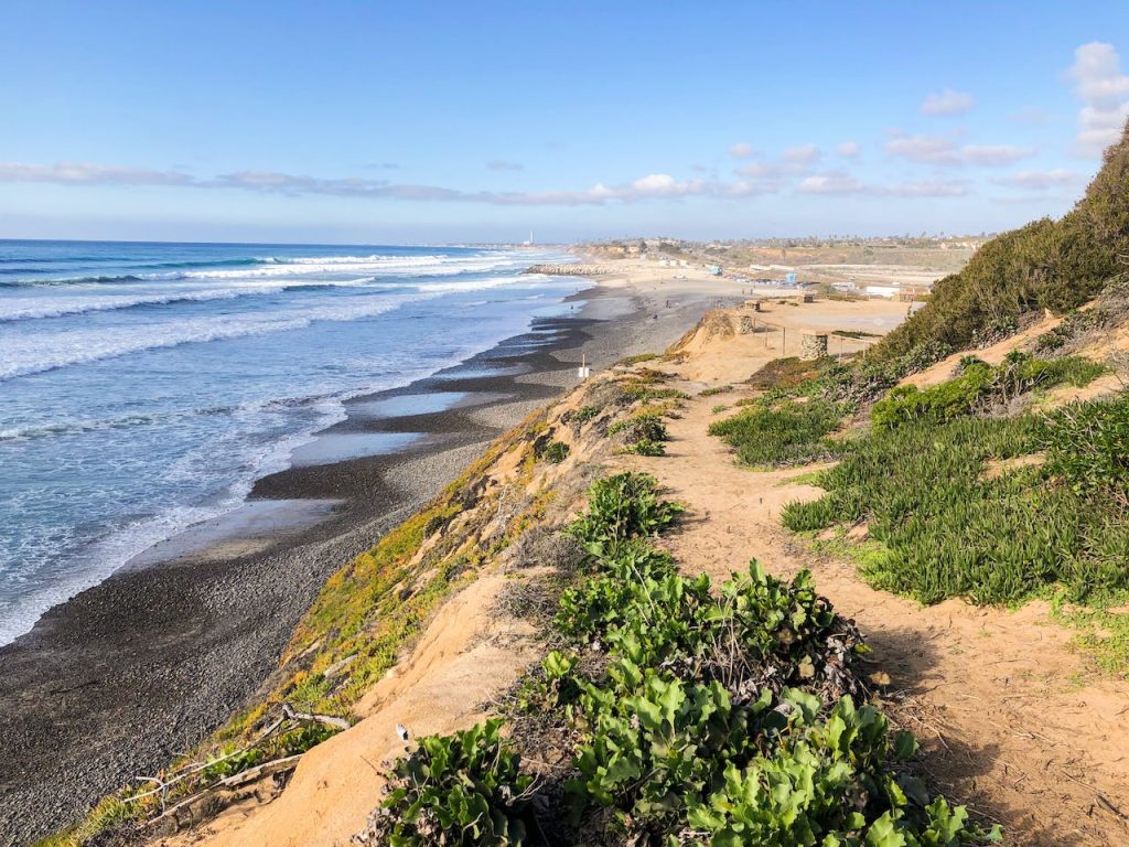 Carlsbad, a coastal city near San Diego, showcasing its beach, vibrant Flower Fields, and quaint downtown area.