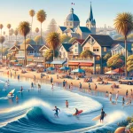 Realistic illustration of Carlsbad, San Diego, featuring a beautiful beach with people enjoying the ocean, surfers riding waves, and families playing in the sand. The background shows Carlsbad Village with charming shops, cafes, and a vibrant atmosphere under a clear, sunny sky.